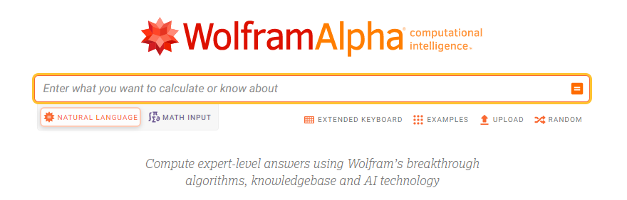 WolframAlpha written at the top of the screen in red and orange text, with smaller type reading “computational intelligence” beside it. Spikey sits in the top-right corner. A search bar outlined in orange is below that, with text prefilled and toggle buttons beneath. At the bottom reads, “Compute expert-level answers using Wolfram’s breakthrough algorithms, knowledgebase and AI technology.”