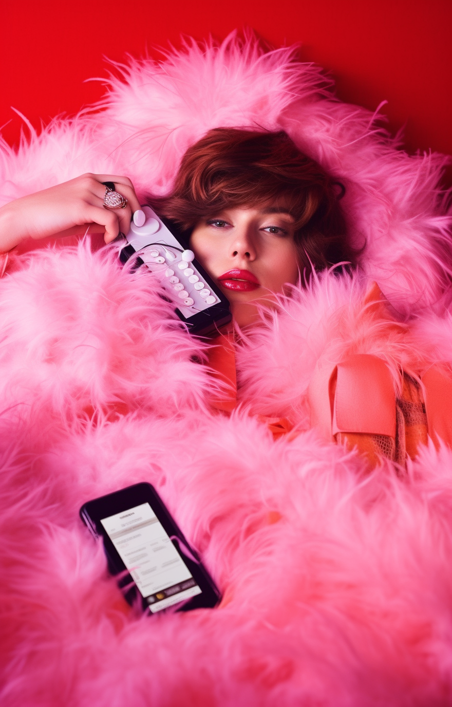 Woman lying in bed surrounded by pink feathers, talking on a phone with falling buttons, in the style of iconic movie shots, created with Midjourney.