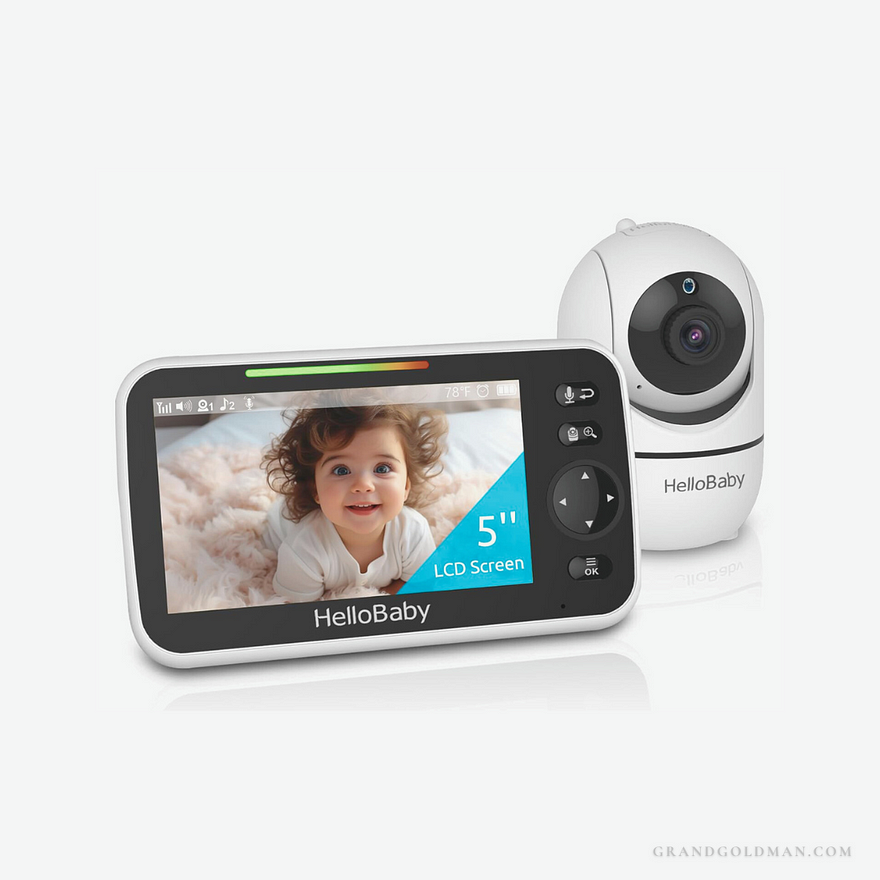 HelloBaby No WiFi Baby Monitor 5" Screen 30-Hour Battery Pan-Tilt-Zoom Video Upgrade with Camera and Audio, Night Vision, VOX, 2-Way Talk, 8 Lullabies and 1000ft Range — Grand Goldman