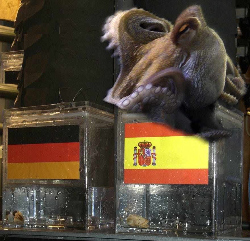 How To Perfectly Predict Improbable Events - Paul the octopus seen choosing between Spain and Germany to predict the 2010 semi-final (Image from WikiCC).