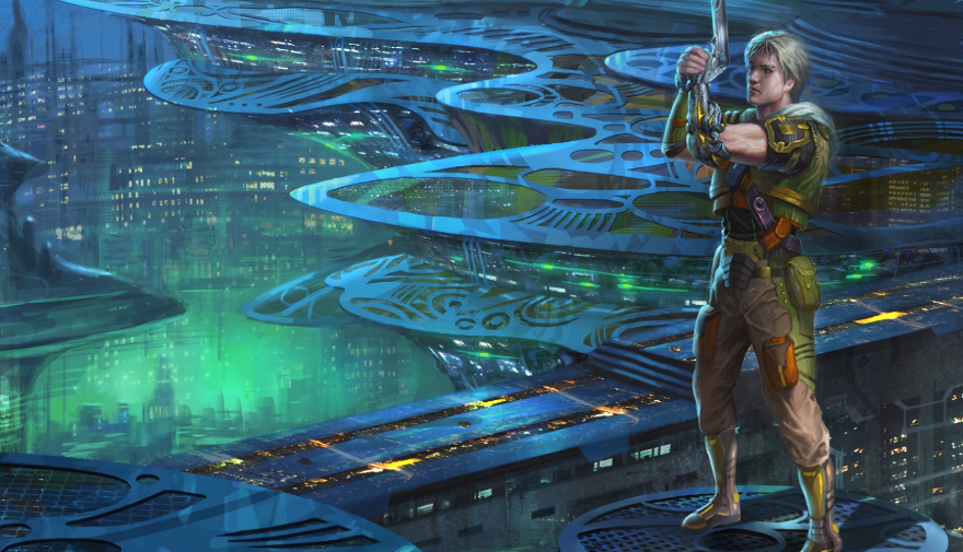 Image: A blond man with a cybernetic hand hold his gun up — ready, but not yet aiming — against a background of a rich blue and green sci-fi cityscape.