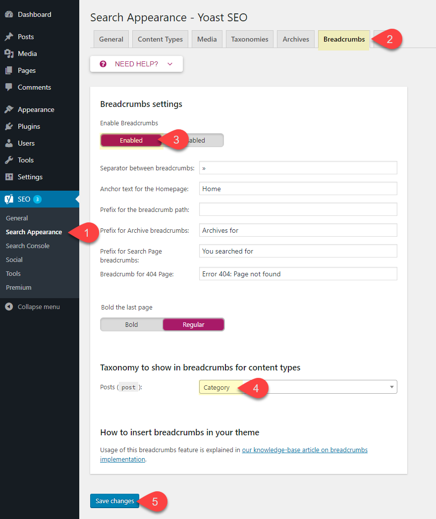 Breadcrumbs setting in yoast seo