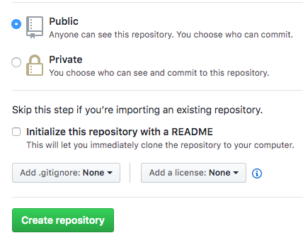 screenshot of Github settings when you create a new repository showing my settings