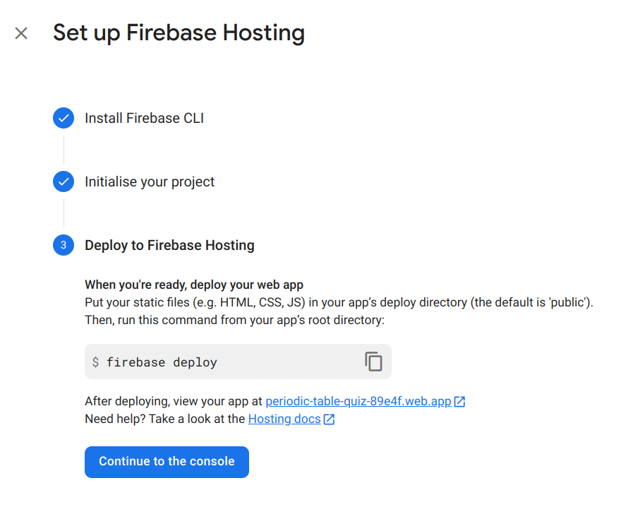 Screenshot of the wizard-style interface for setting up Firebase Hosting for the first time