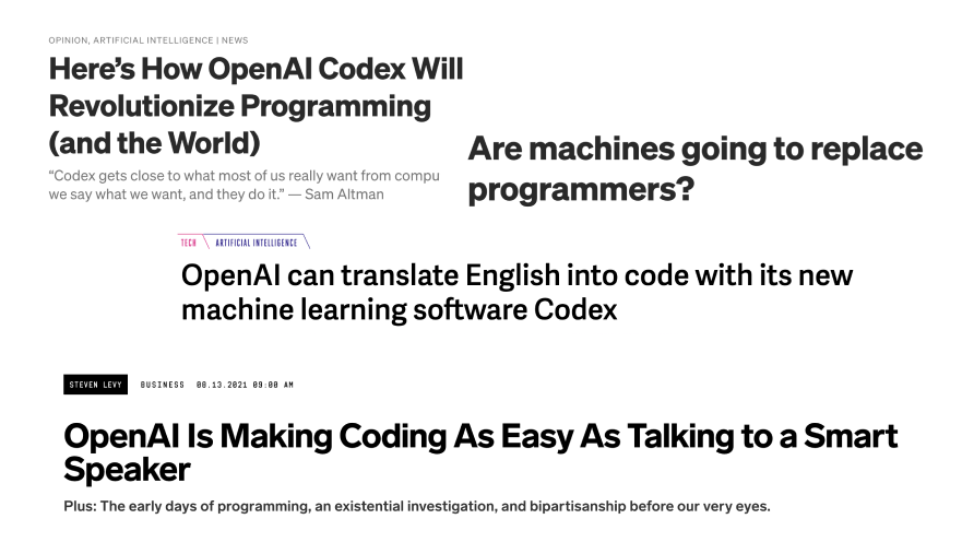 graphic of various headlines about GPT3. for example: Are machines going to replace programmers?