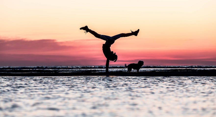 Person doing yoga with dog on the beach