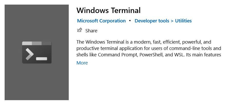 Windows terminal download page in Microsoft store