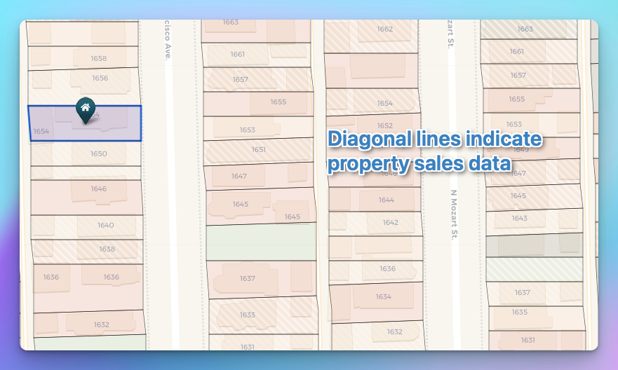screenshot of a map showing some properties with a diagonal stripe, and the text “diagonal lines indicate property sales data”.
