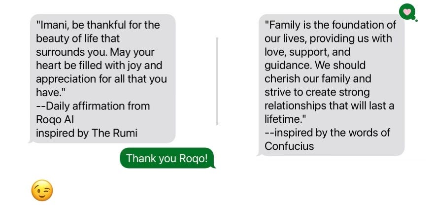 text message affirmations generated by an AI chatbot and inspired by The Rumi and Confucius