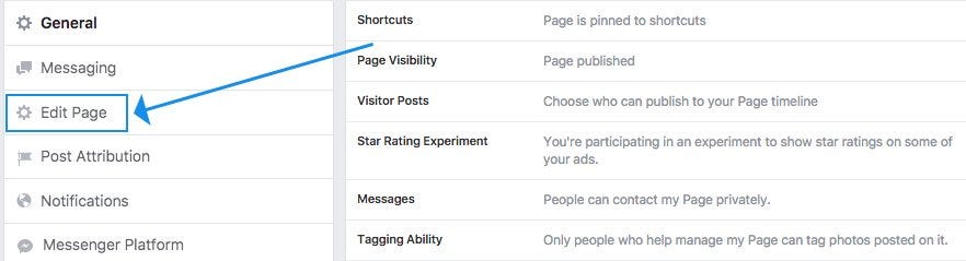 Facebook Edit Page Settings