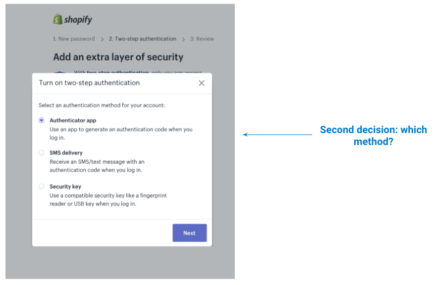 A modal allowing users to select they’re preferred method of authentication.