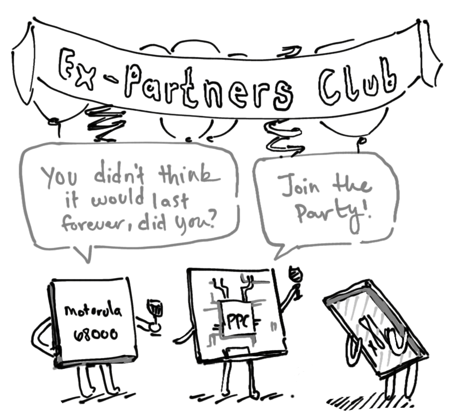 A cartoon of a microchip labeled “x86” pouting as it joins chips “Motorola 68000” and “PPC” in the “Ex-Partners Club”