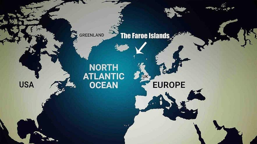 Map showing the location of the Faroe Islands between Iceland and the UK.