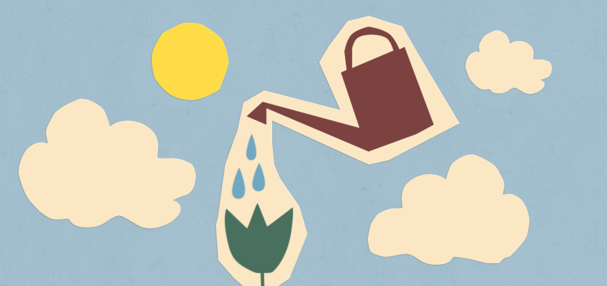 a watering can in the air, watering a flower surrounded by clouds and the sun