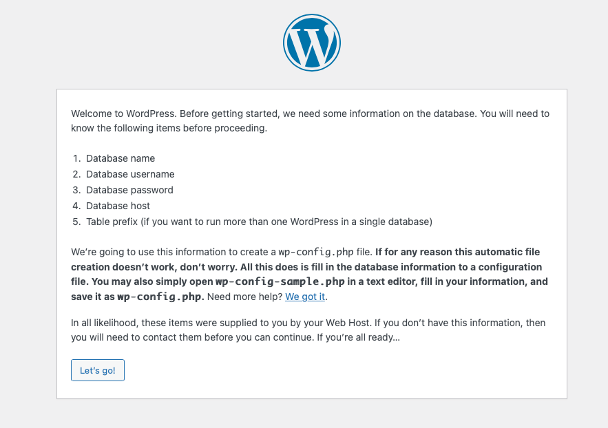 Instructions on what the WordPress installation wizard does.