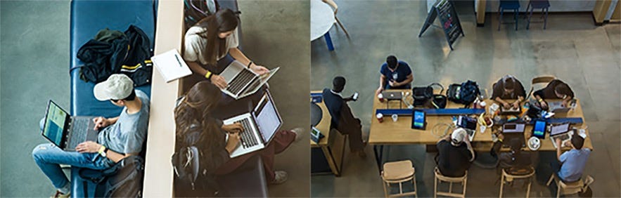 Two photos of people working on laptops at a Capital One Cafe