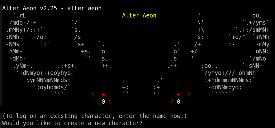 Alter Aeon v.2.25. Would you like to create a new character?