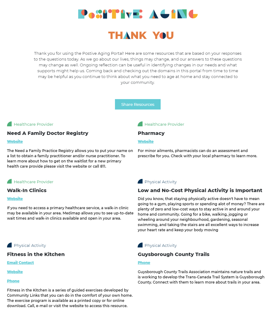 The final screen result, which shows the words “positive aging” and “Thank you” as well as a series of services and community resources available to the user according to the results of the questions that they answered throughout the previous pages of the portal.