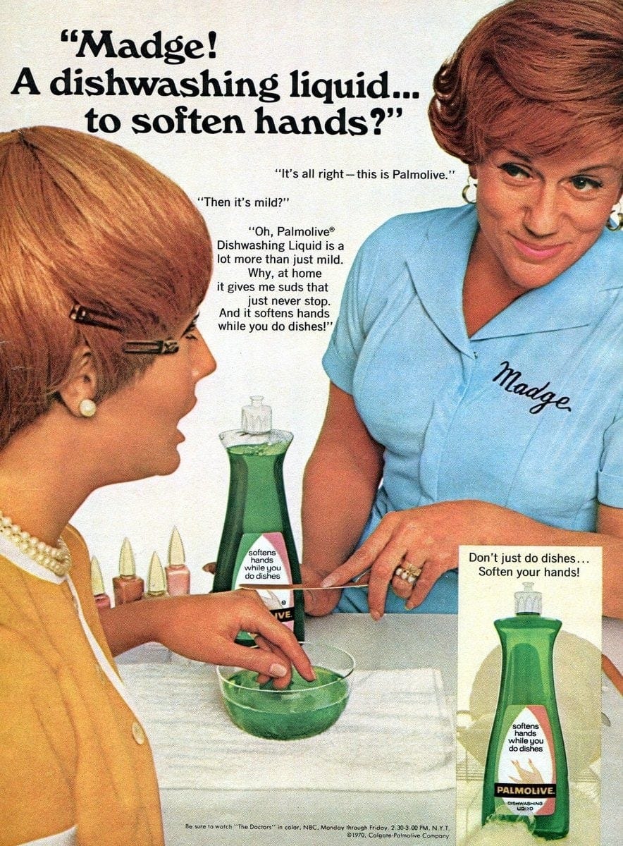 Palmolvie ad featuring the manicurist Madge recommending Palmolive dishwashing liquid to soften hands.