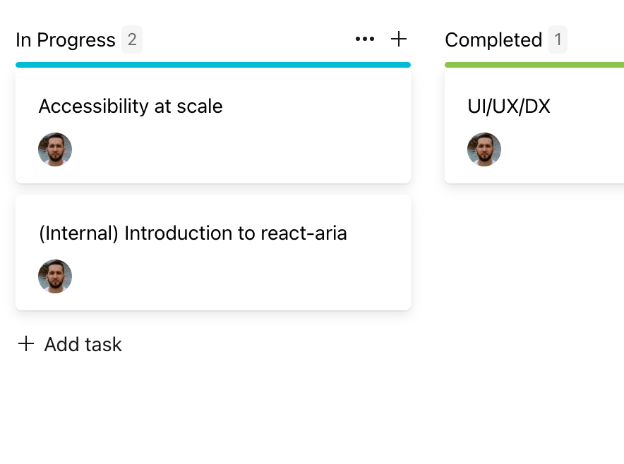 A Kanban board with two columns (“In progress” and “Completed”), first column has two items, the second has one