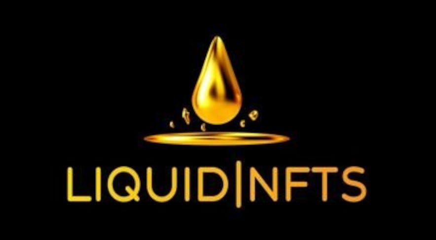 An image of the Liquid NFT Marketplace logo. The logo & font is gold against a jet black background.