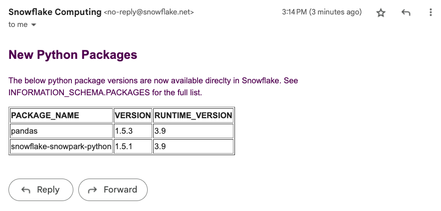 Example email notification of newly supported python packages in Snowflake