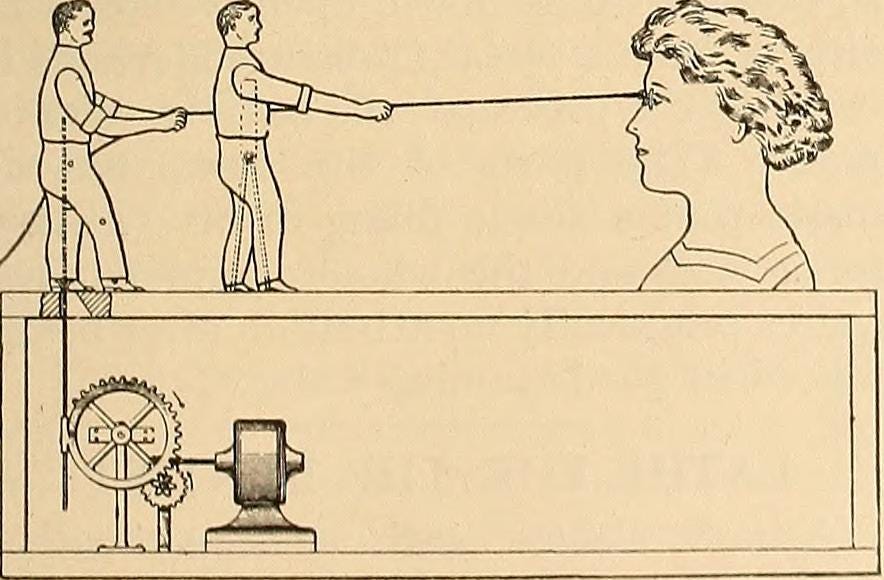 Two people pull on a rope coming out of another person’s head.