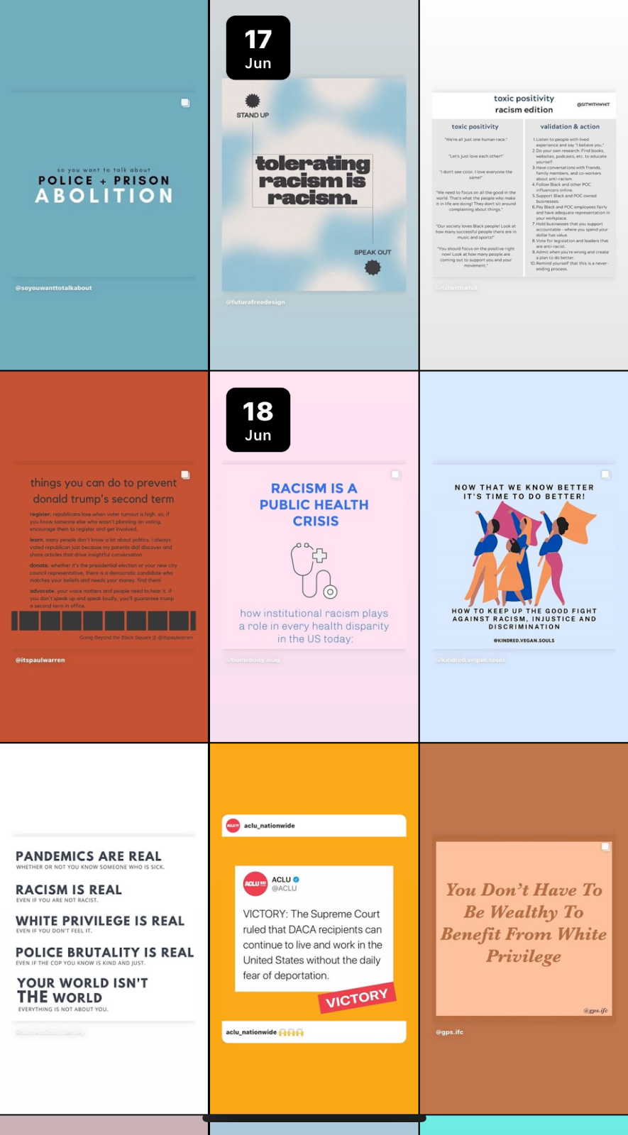 A picture of a grid of past Instagram stories, with each of the grids being a different infographic that was posted. Colorful and full of actionable taglines.