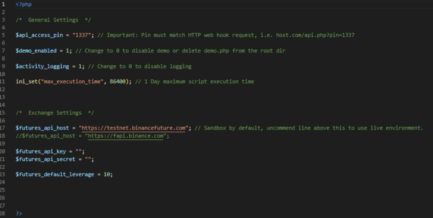 Edit your settings.php file to enter your API keys from Binance