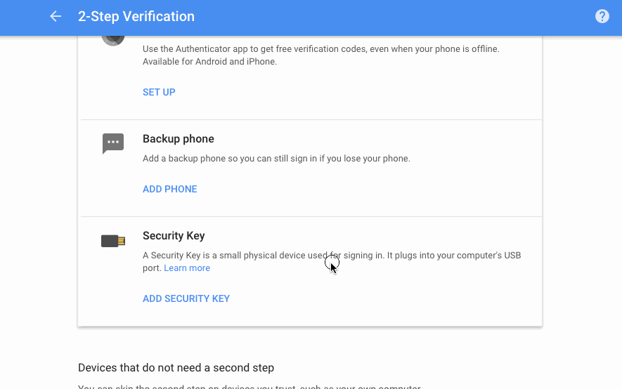 User navigating through Google’s security key registration interface.