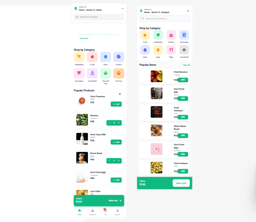 Screens generated by uxpin for a quick commerce application