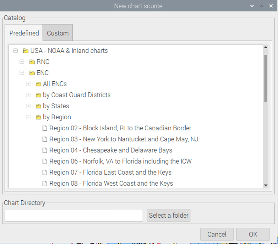 Image shows panel that allows you to select a specific regional chart