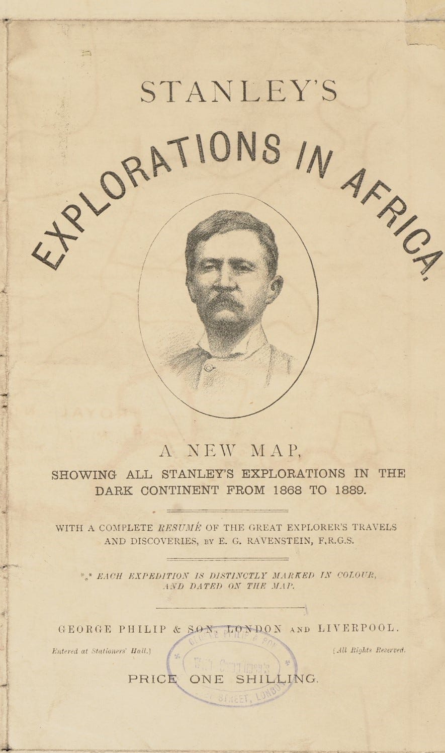 Cover of a folded map showing a portrait of explorer Henry Morton Stanley. Includes cost of one shilling.