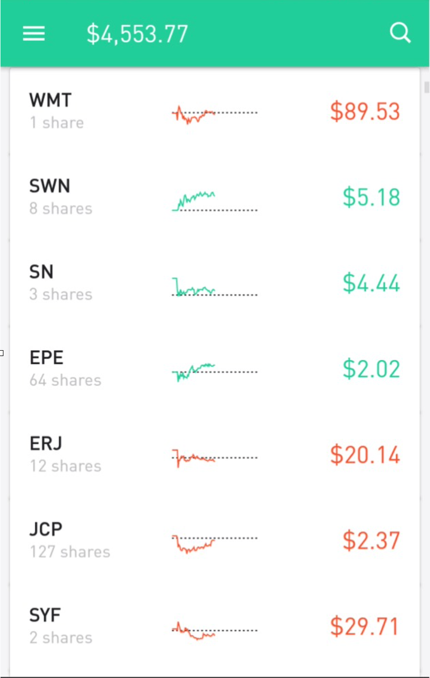 Mobile interface with stock tickers and balance amount