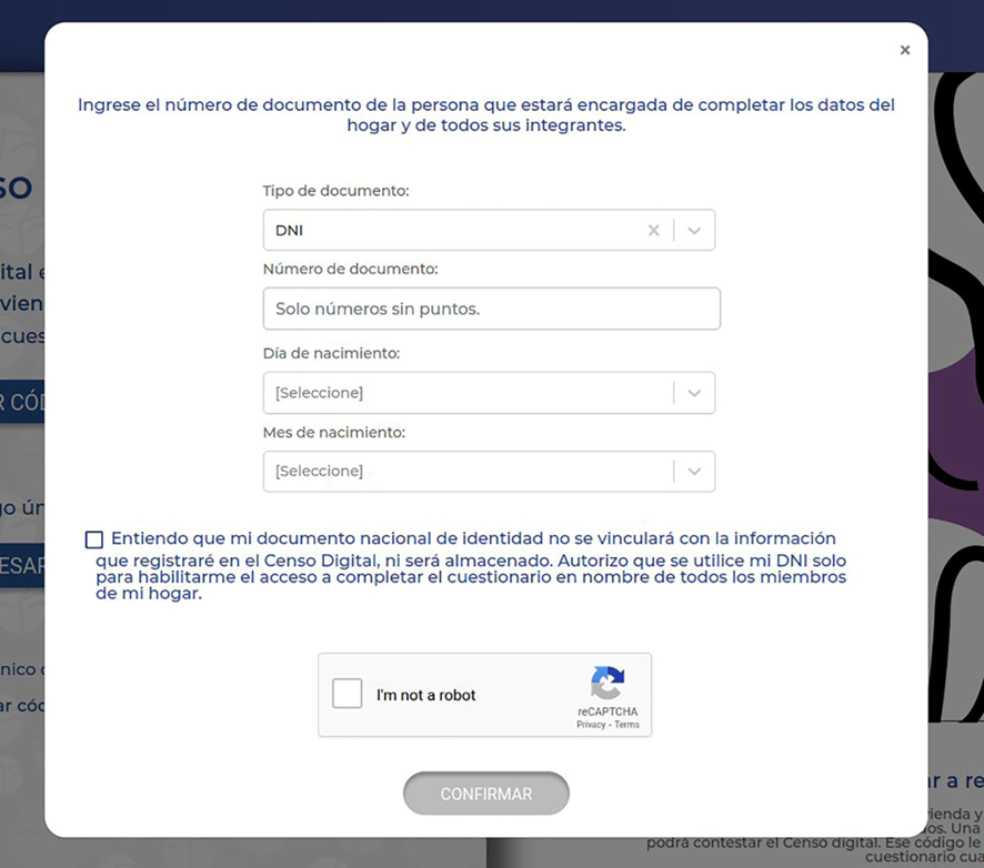 Formulario para iniciar el cuestionario del censo. Mas adelante se solicita un mail personal para continuar el trámite.