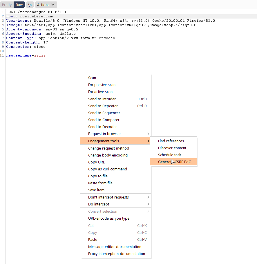 Example of Burp Intercept — Engagament tools.