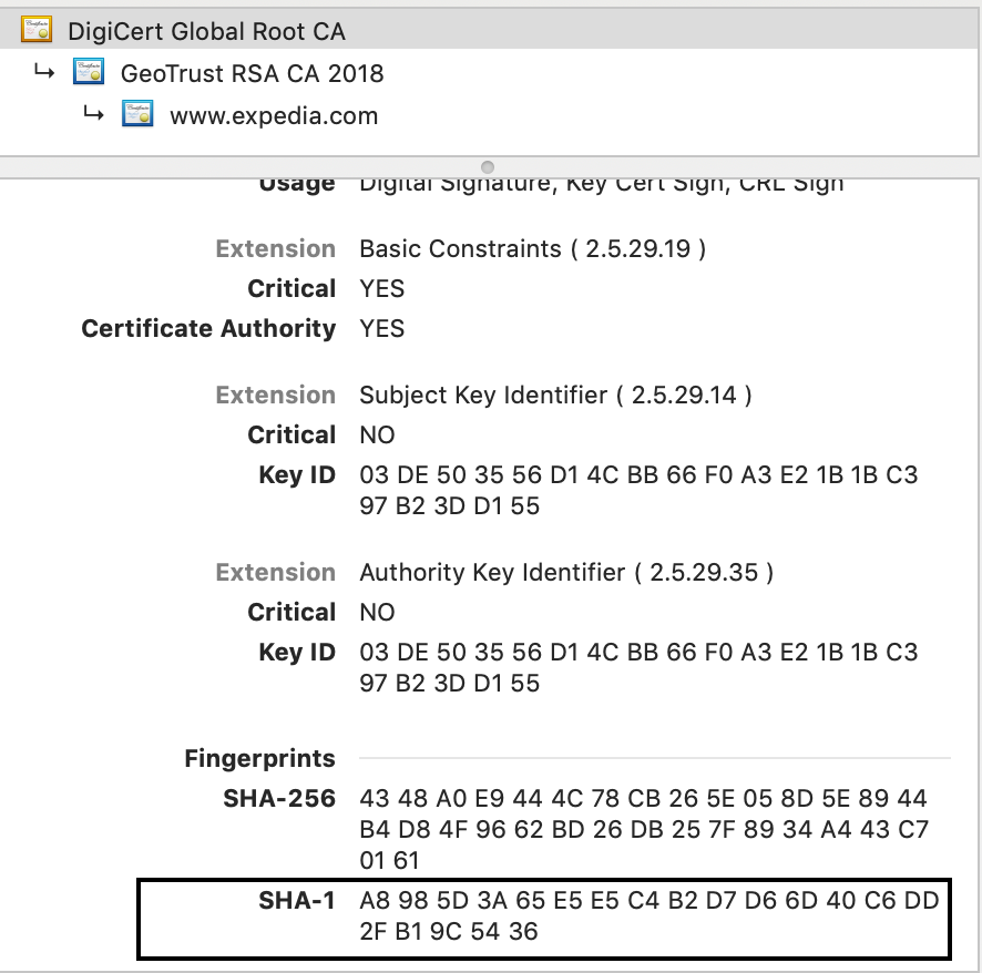 Screen shot of a web browser’s certificate viewer showing the Root CA for expedia.com with the highlighted SHA-1 fingerprint