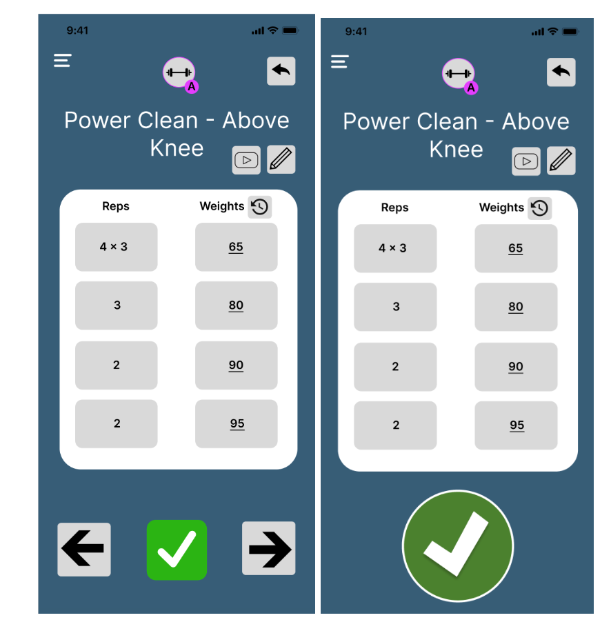 Before and after changing the check mark that indicates when a excercise is complete to have a more accessible shade of green.