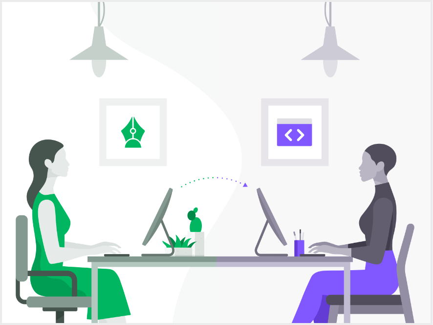 Illustrations showing a designer and developer sitting on each side of table and an arrow above them showing design to code.