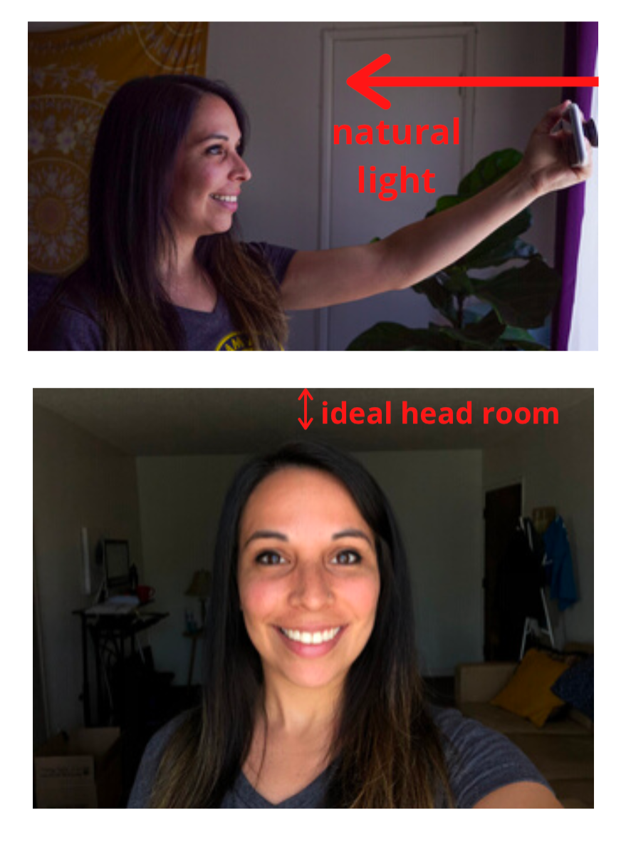 One photo is of Natalie facing an open window, taking a selfie. The second is the selfie image of Natalie’s well-lit face.