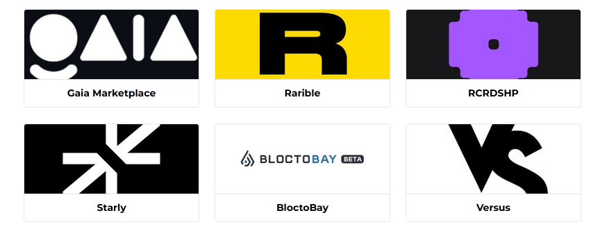 Graphic showing logos of six popular NFT marketplaces