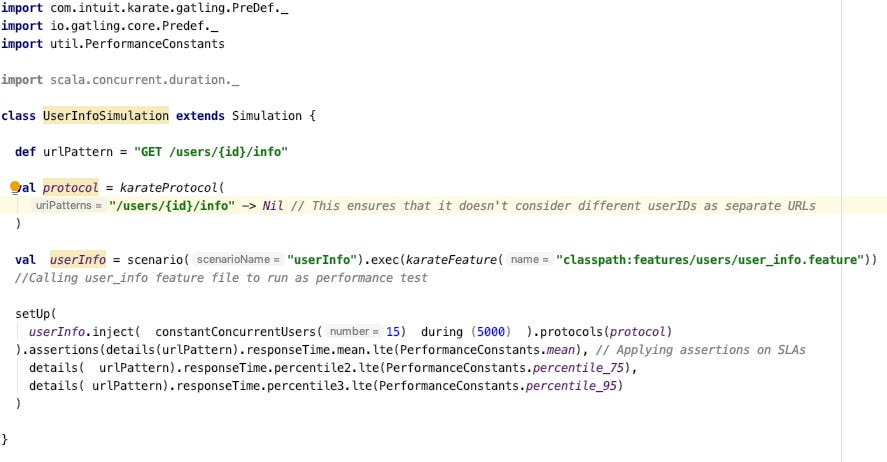 An editor screenshot showing a performance test description in Scala. Details in the text following this picture.