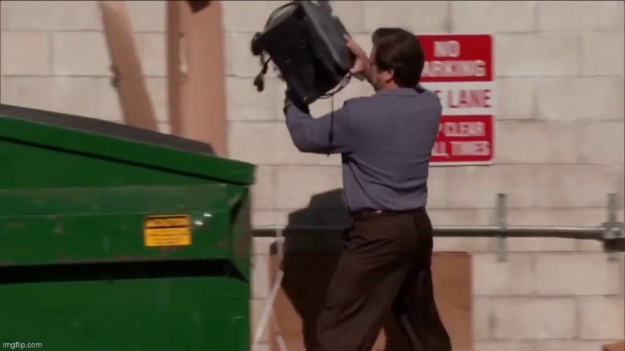 Funny image of a man throwing a PC in the garbage