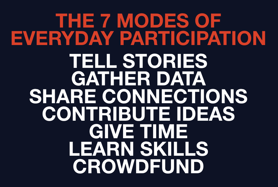 Summary of the 7 Modes of Everyday Participation: Tell stories, gather data, share connections, contribute ideas, give time, learn skills, crowdfund.