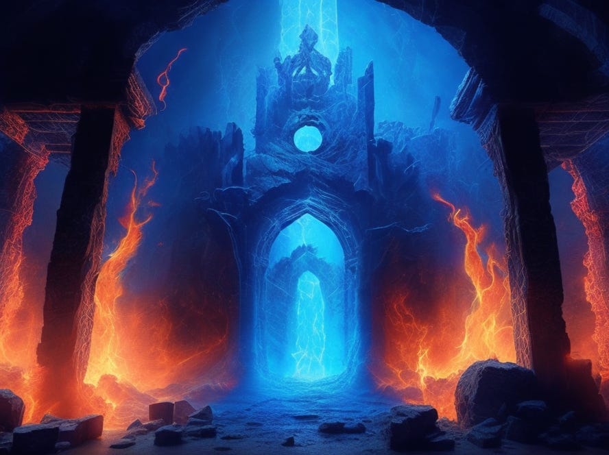 Blue and orange fire in the fantasy castle setting. Image generated by Leonardo AI.