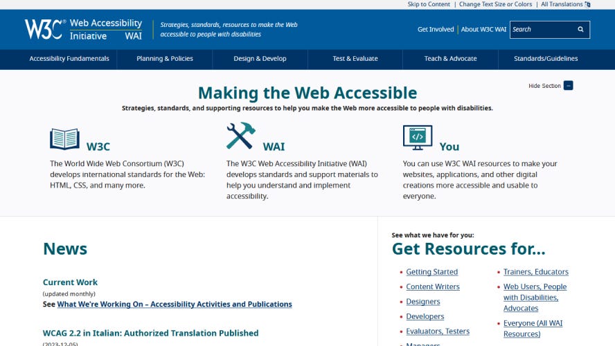 A screenshot of the W3C WAI website on desktop with styles applied.