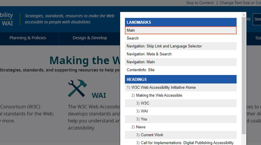 A screenshot of the W3C WAI website on desktop. A browser extension has opened a popup listing the landmarks and headings present in the page. The “Main” landmark has been highlighted.