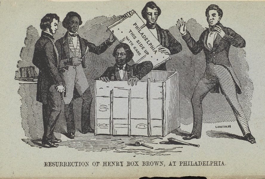 Henry ‘Box’ Brown emerging from the crate in which he mailed himself from Richmond, Virginia to Philadelphia. Surrounding the box are four figures, including the abolitionist, Frederick Douglass.