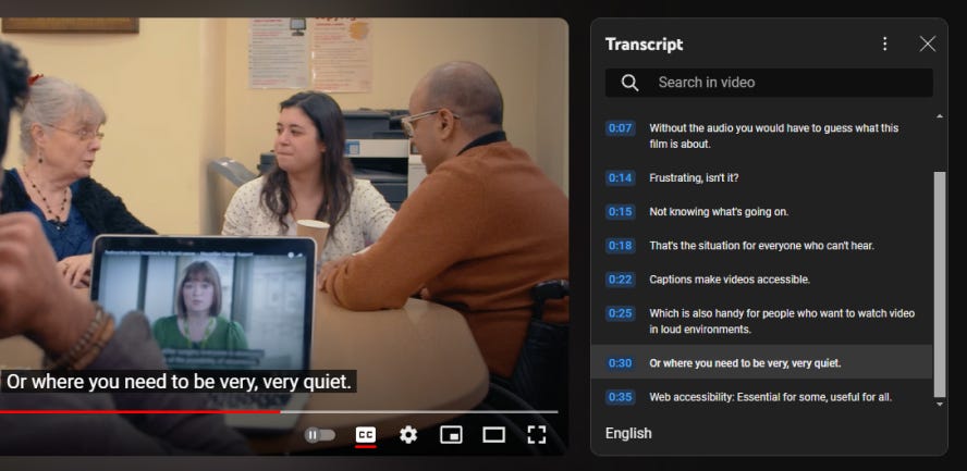 A YouTube video with the Transcript section shown on the right side of the player. The video shows four people sitting at a table, one of which is watching a video on their laptop. The YouTube video also has closed captions enabled, which currently reads: “Or where you need to be very, very quiet.”