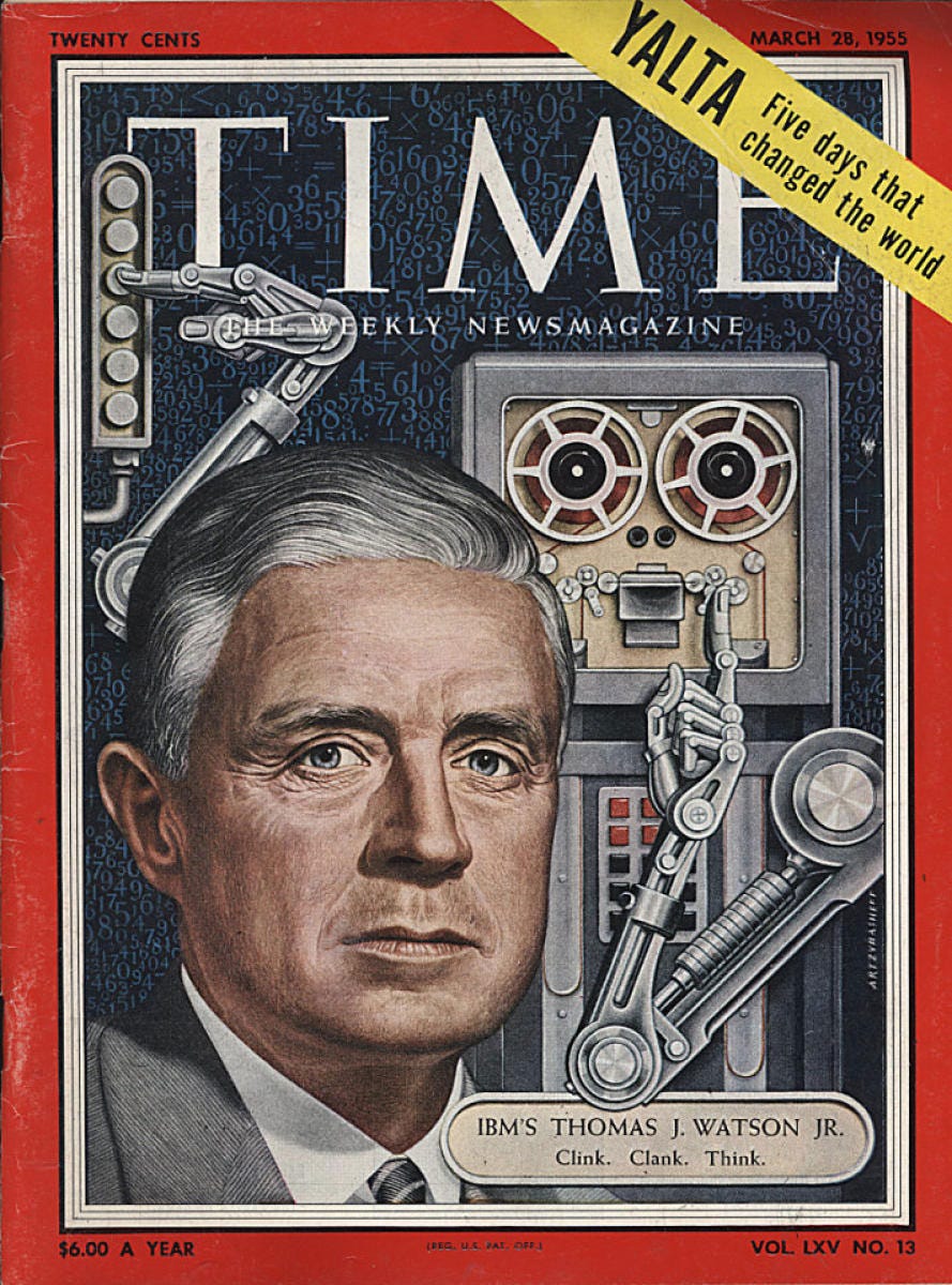 Time Magazine cover of March 28 1955 with a portrait of Thomas Watson Jr. President of IBM who just launched the first mass-produced computer on the market